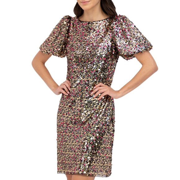 Eliza J Sequined Puff-Sleeve Shift Dress – Gold Multi | NWT | Size 4 - Picture 1 of 5